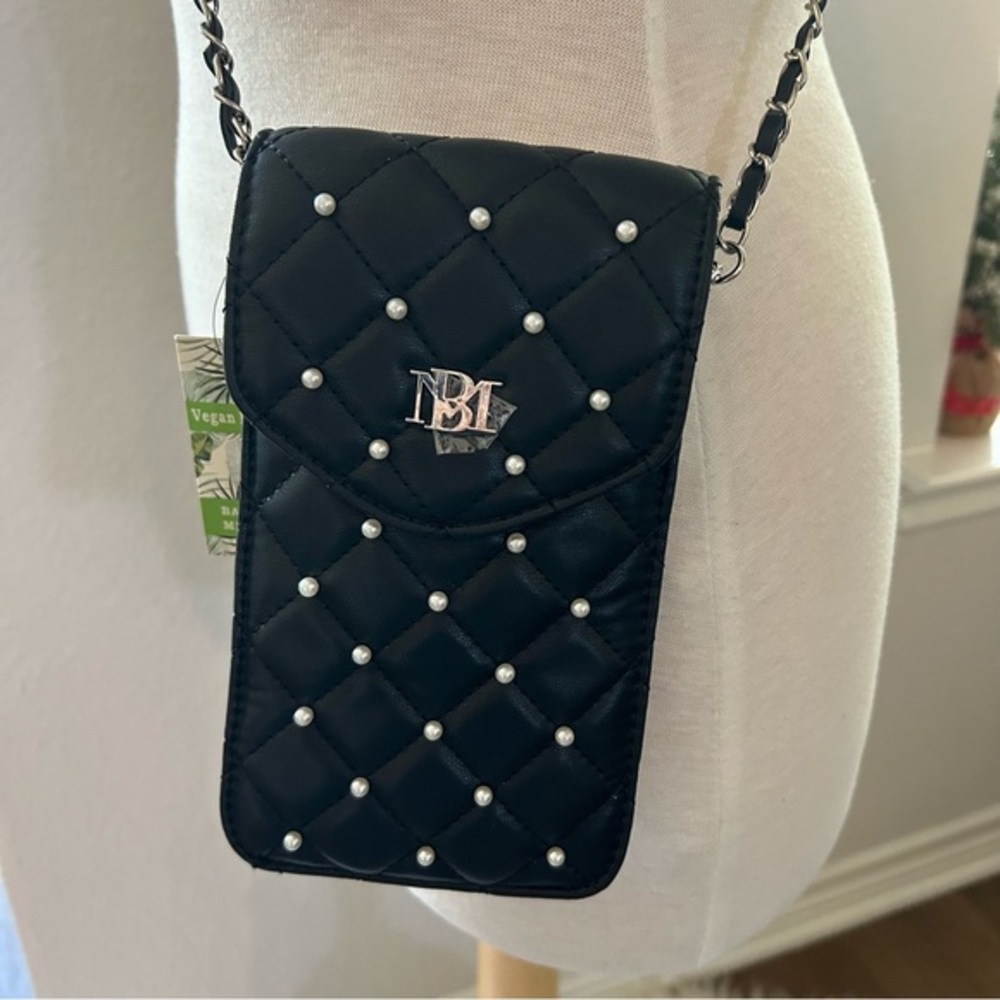 Badgley Mischka Black Quilted Crossbody Bag with faux Pearl Accents